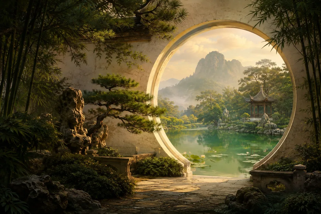 A stone moon gate above a quiet pond in a jade garden